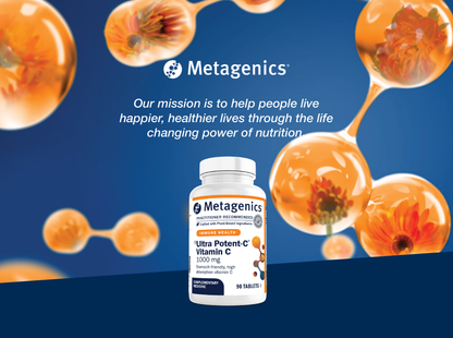 Metagenics Ultra Potent-C Vitamin C 1000 mg supplement bottle displayed with the Metagenics mission to help people live happier and healthier lives through the life-changing power of nutrition