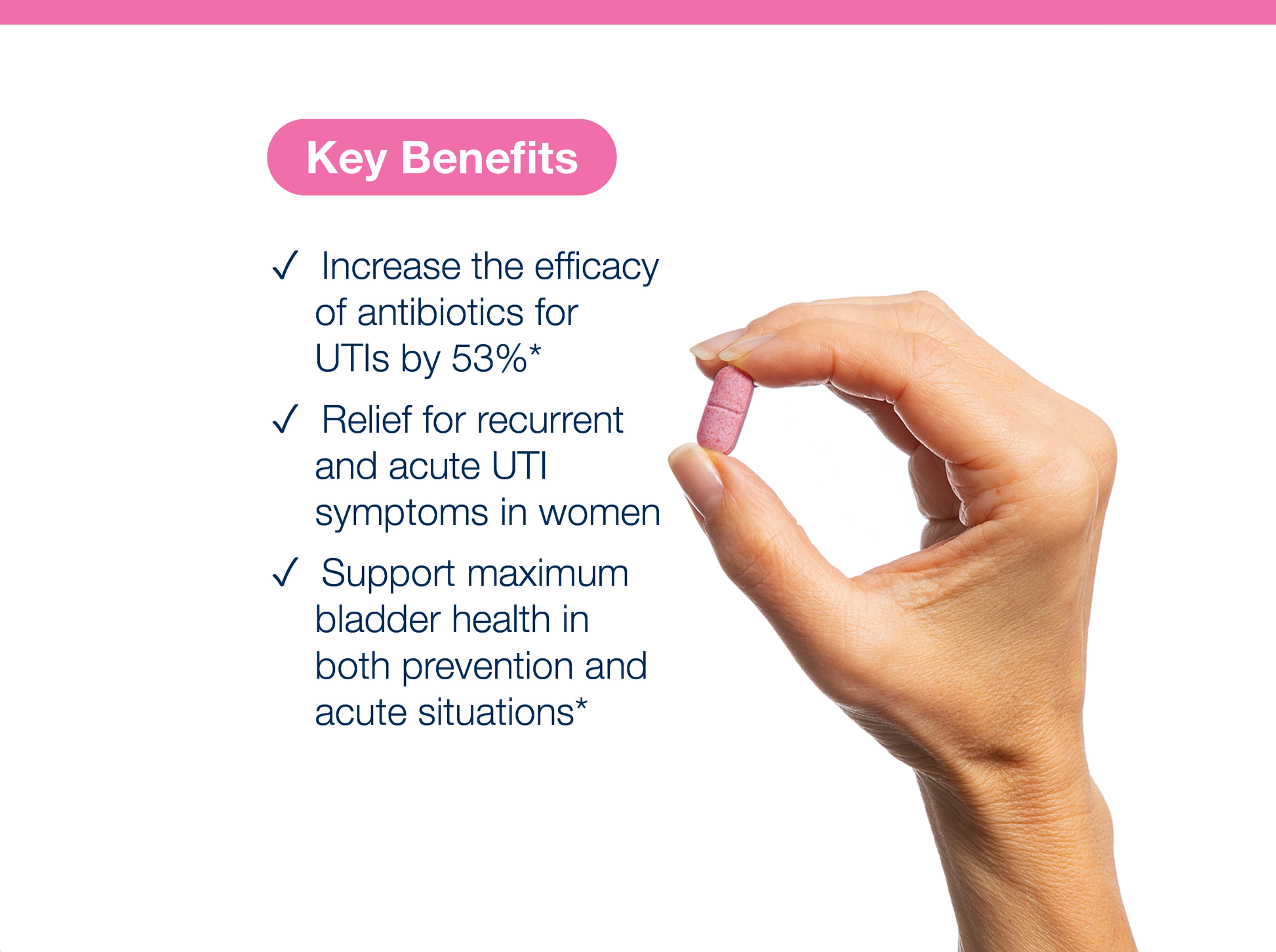 Hand holding a UriDyn tablet beside key product benefits and Metagenics branding