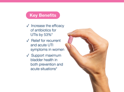 Hand holding a UriDyn tablet beside key product benefits and Metagenics branding