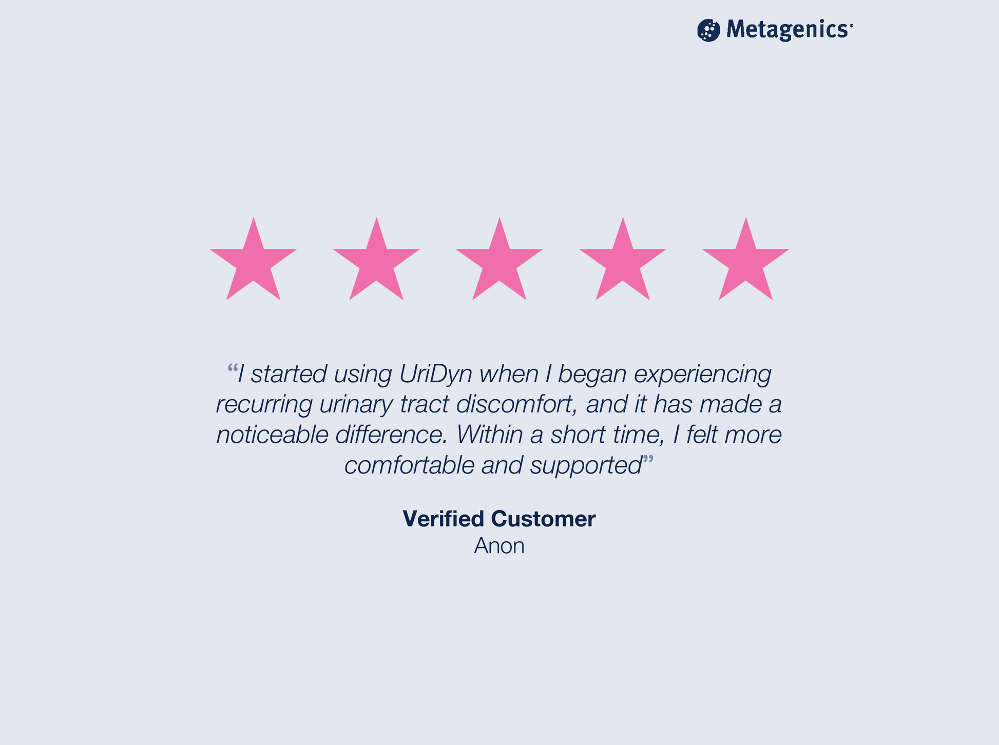 Five-star customer review for UriDyn with testimonial text and Metagenics branding