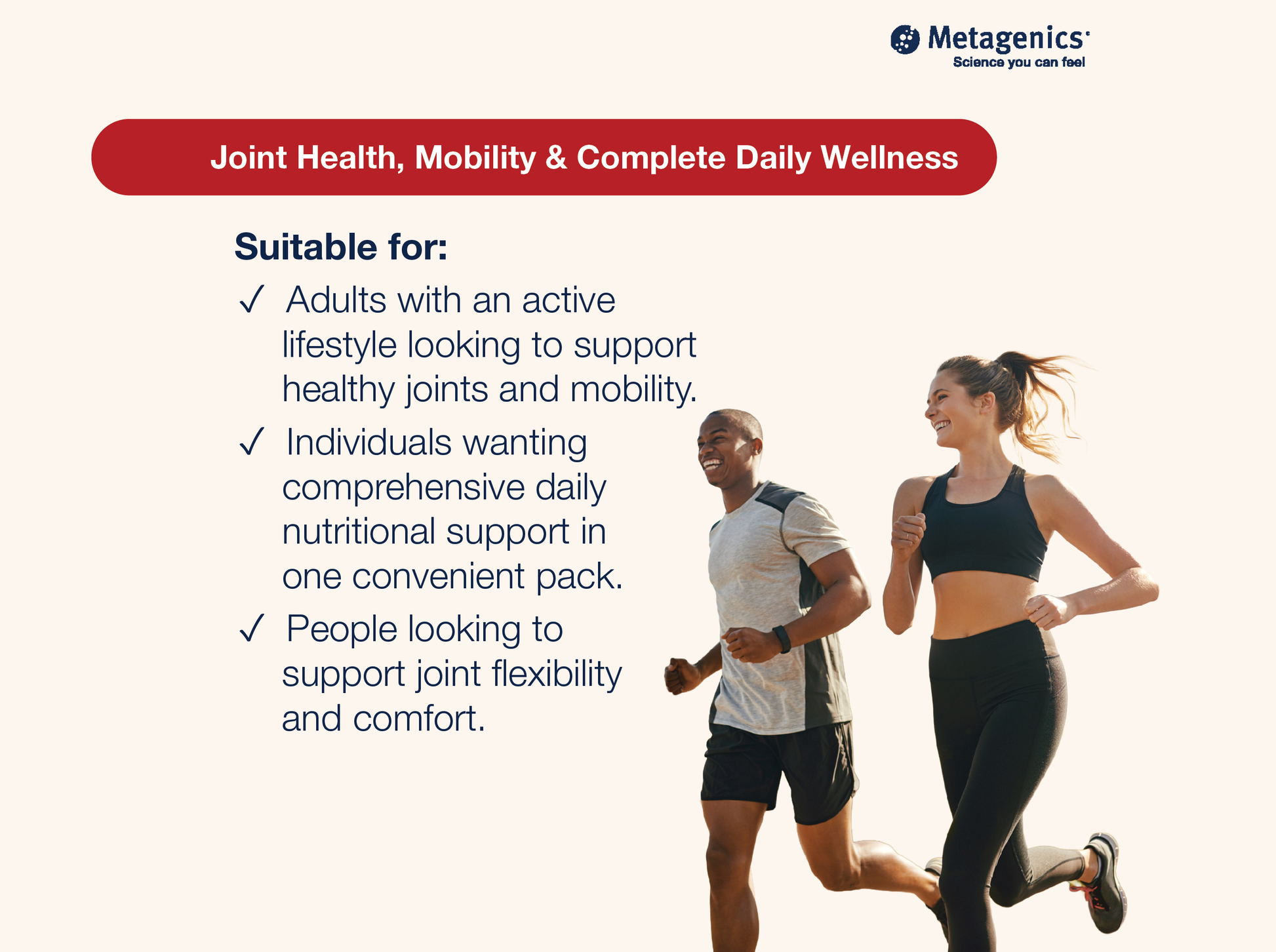 Information about joint health, mobility and cardiovascular wellbeing support with Wellness Essentials Active Daily Packs and active lifestyle imagery