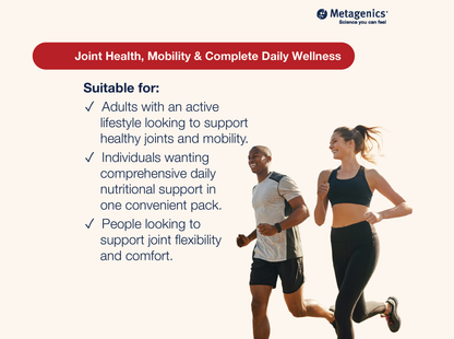 Information about joint health, mobility and cardiovascular wellbeing support with Wellness Essentials Active Daily Packs and active lifestyle imagery