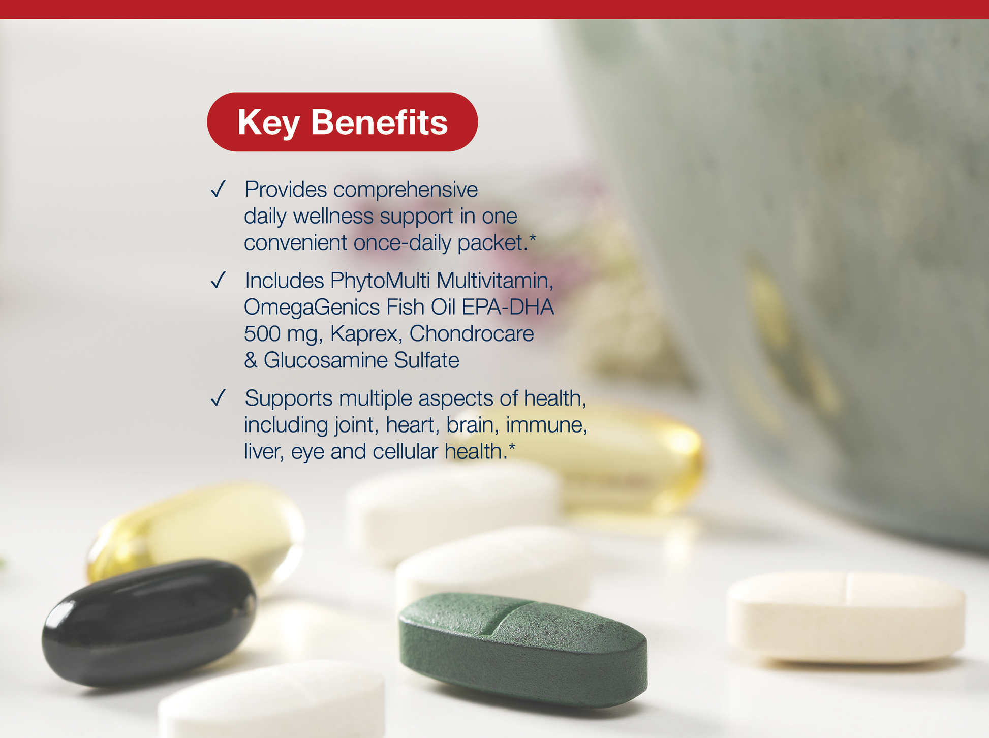 Key benefits of Wellness Essentials Active Daily Packs displayed with supplement capsules and Metagenics branding