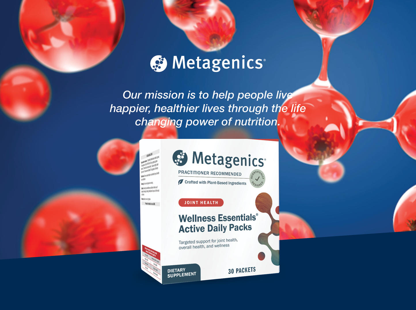 Metagenics Wellness Essentials Active Daily Packs displayed with the Metagenics mission to help people live happier and healthier lives through the life-changing power of nutrition