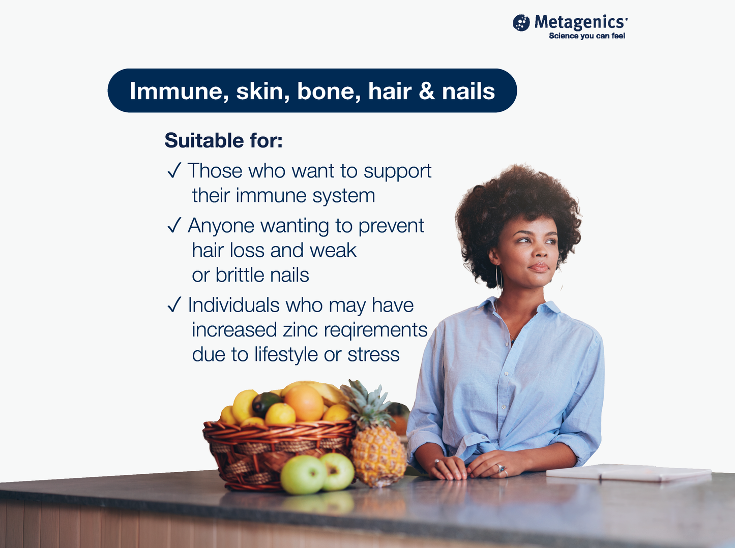 A graphic for Zinc Glycinate featuring text about immune, skin, bone, hair & nails support, alongside a woman seated at a counter with fruit and a notebook.