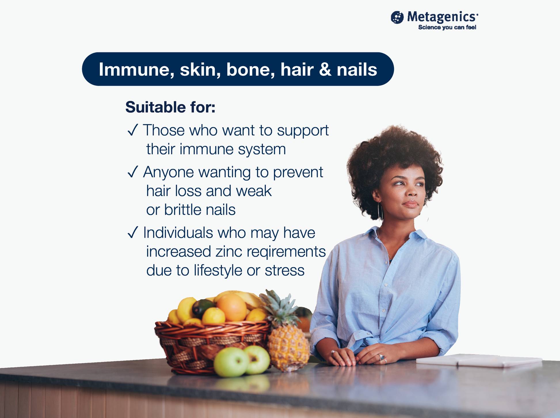 A graphic for Zinc Glycinate featuring text about immune, skin, bone, hair & nails support, alongside a woman seated at a counter with fruit and a notebook.
