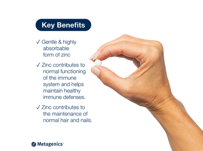 A hand holding a Zinc Glycinate tablet against a white background, next to a list of zinc benefits.