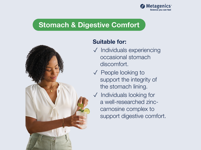 Information about stomach and digestive tract support with Zinlori 75 and lifestyle imagery
