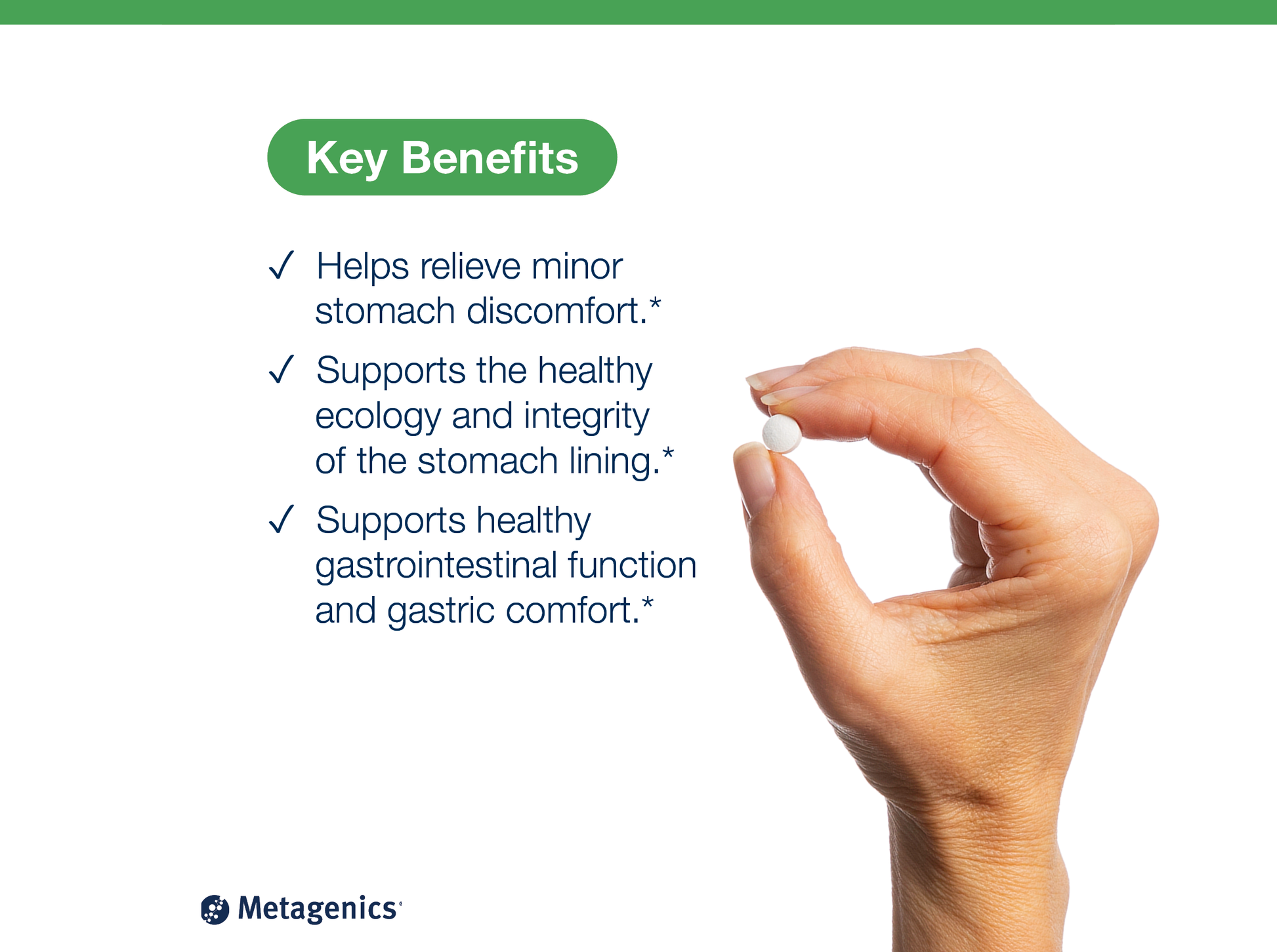 Hand holding a Zinlori 75 tablet beside key product benefits and Metagenics branding