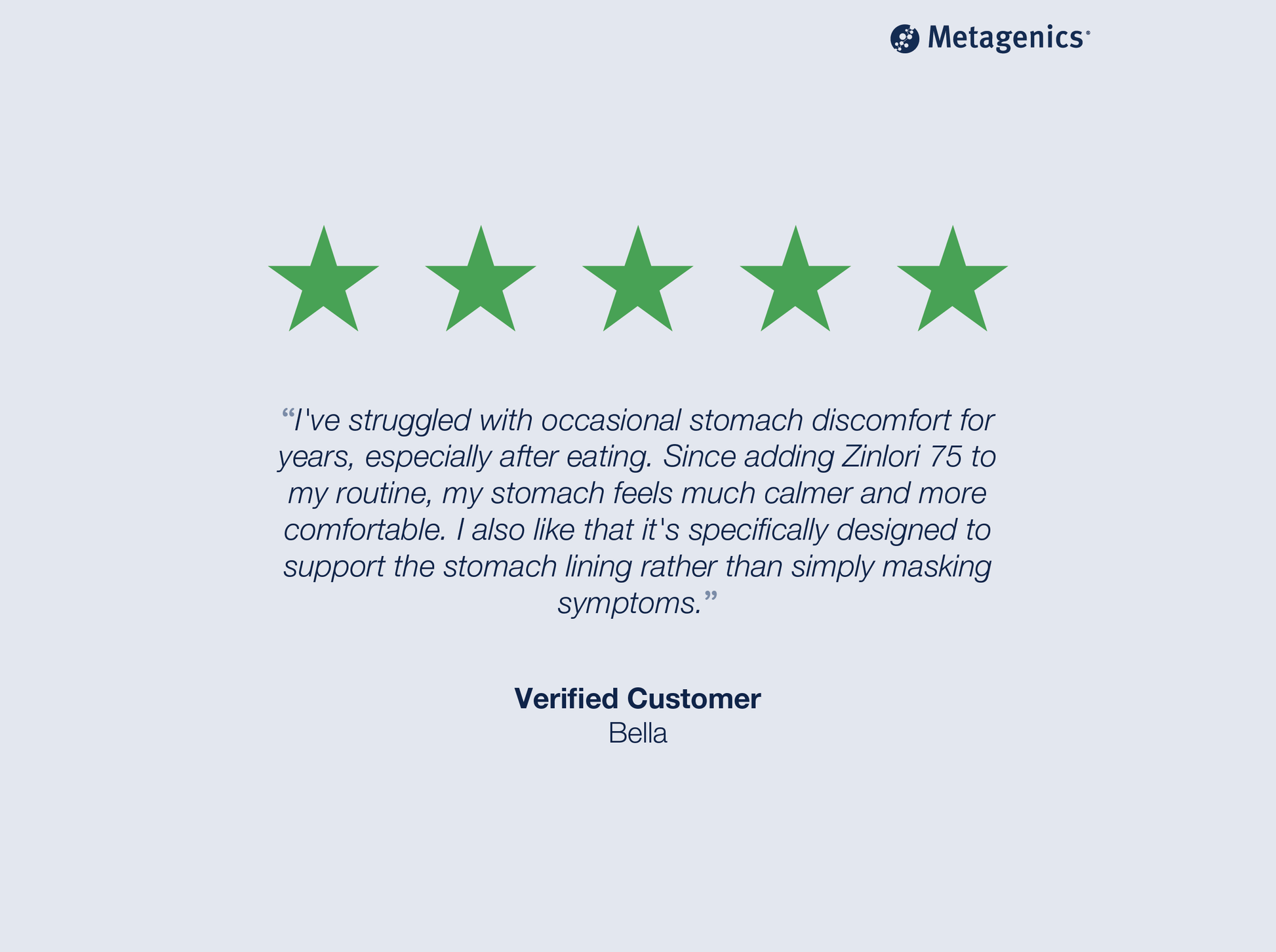 Five-star customer review for Zinlori 75 with testimonial text and Metagenics branding