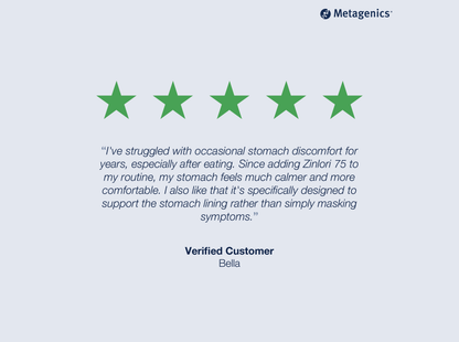 Five-star customer review for Zinlori 75 with testimonial text and Metagenics branding