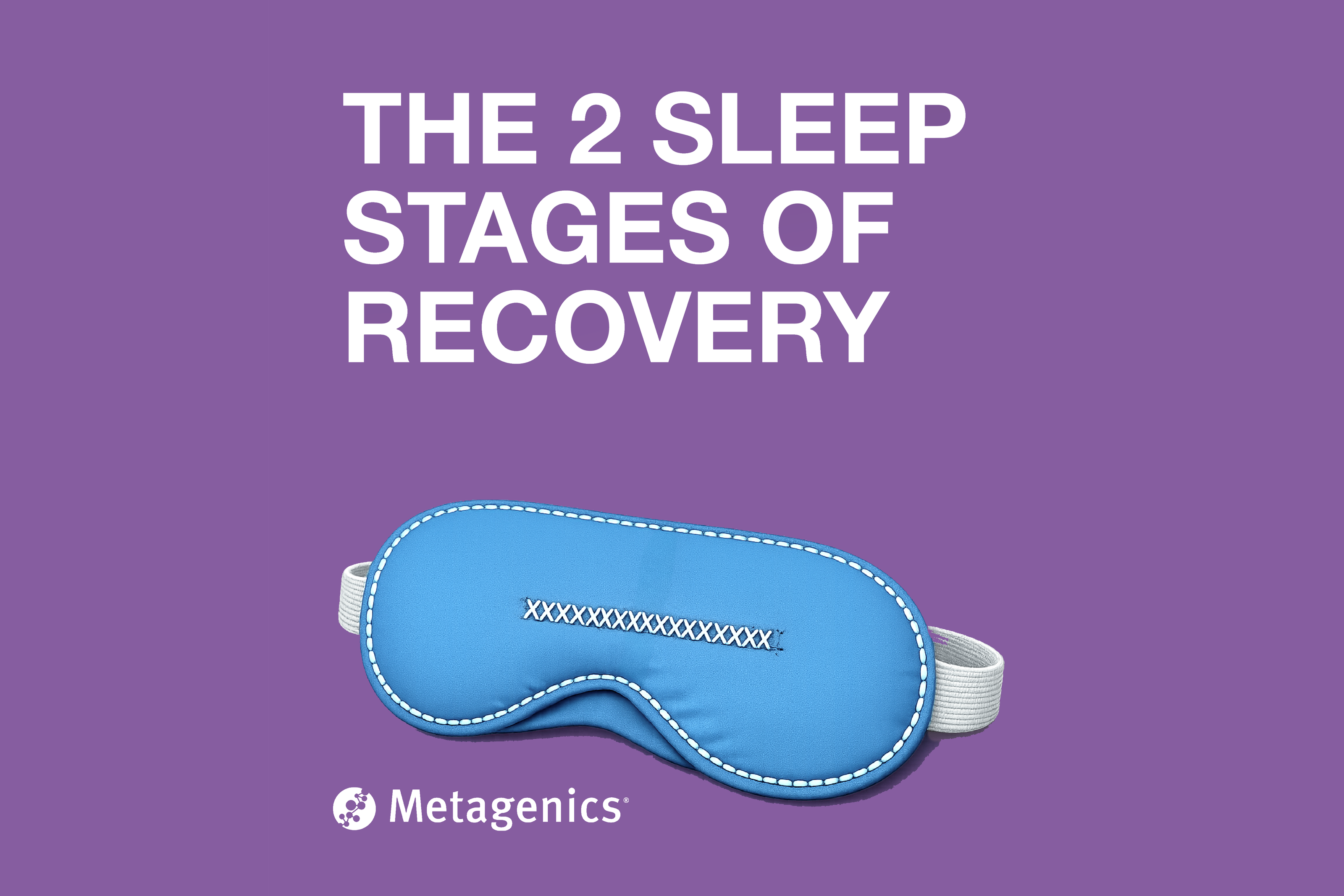 Blue sleep mask on a purple background with 'The 2 Sleep Stages of Recovery' text and Metagenics logo.
